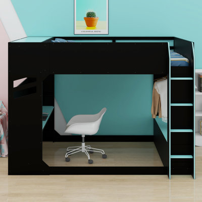 Lit mezzanine en bois avec bureau réglable en hauteur, tiroirs, compartiments de rangement, tringle et lumières RVB