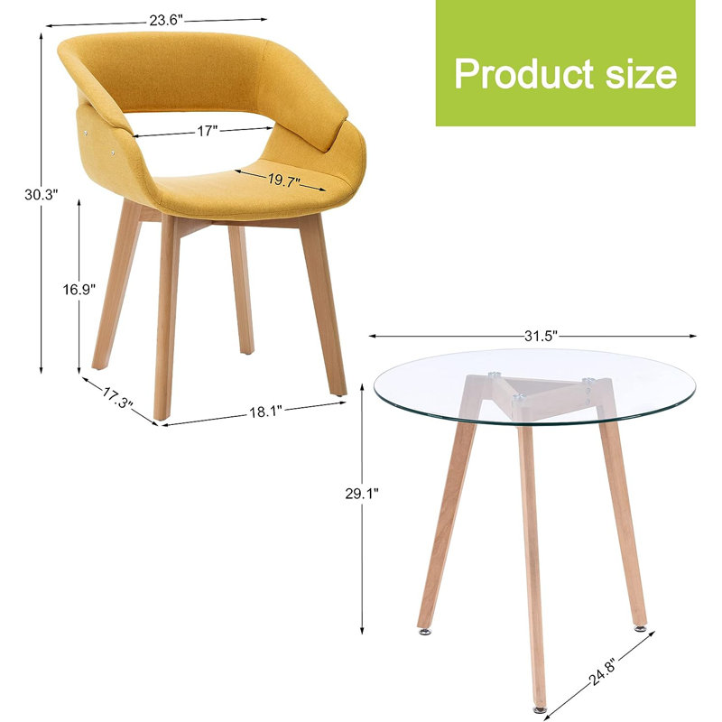 31'' Dining Table Set, Round Glass Top Dining Table with Two Upholstered Chairs, Yellow