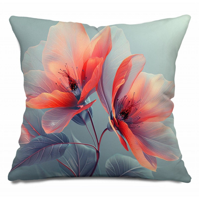 Coussin floral, sergé de coton naturel, H 14 po x l 14 po
