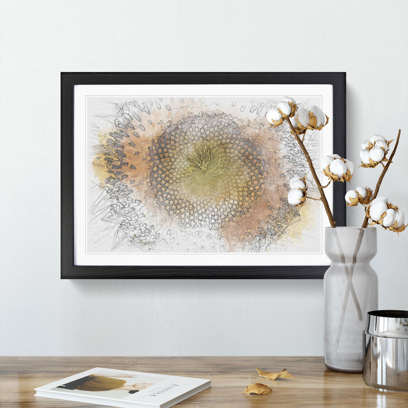The Eye of a Yellow Sunflower Sketch - Picture Frame Graphic Art Print, 36cm H x 48cm W x 2cm D, Black Framed
