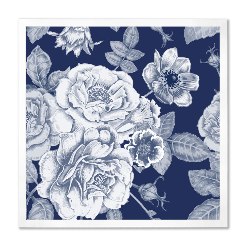 «White Vintage Flowers On Classic Blue I», reproduction d'art sur toile, H 16 po x l 16 po x P 1 po, Cadre photo blanc