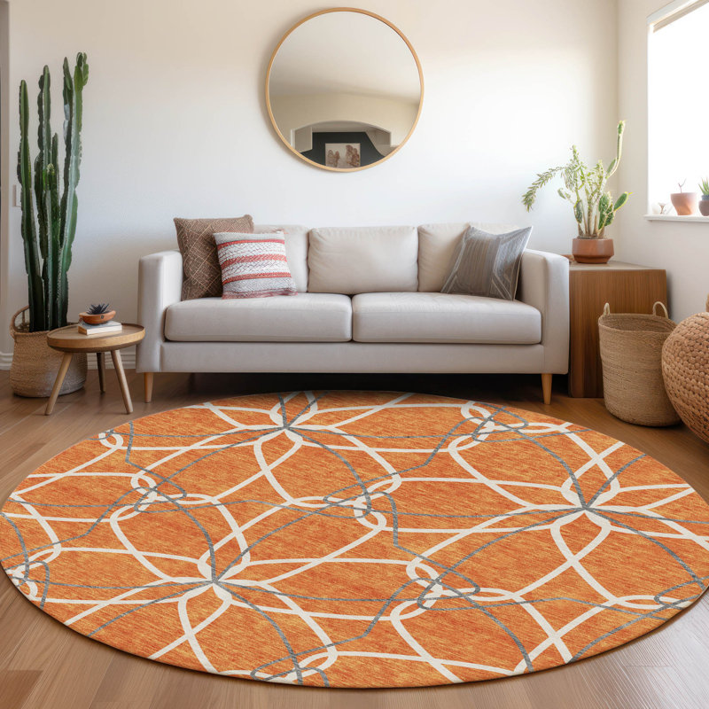 Premium Machine Washable Prisco Orange Rug, Round 8'