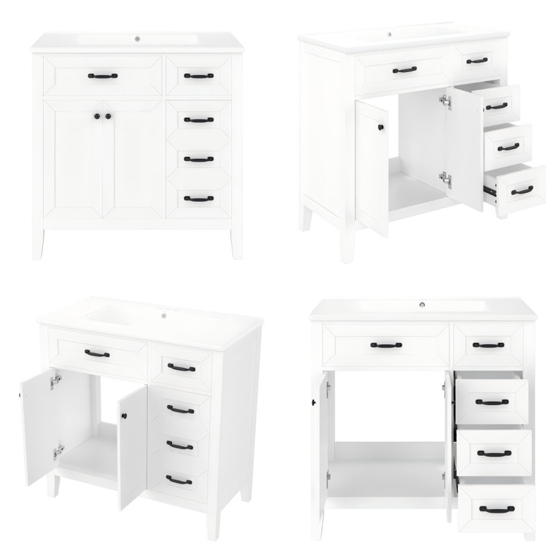 Meuble-lavabo moderne 36 po avec lavabo en céramique et grand rangement, Blanc