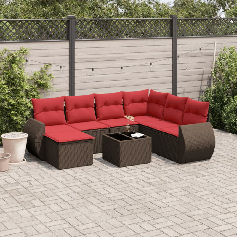 Ensemble de canapé de patio 8 pièces avec coussins en rotin de polyester, Rouge, Brun