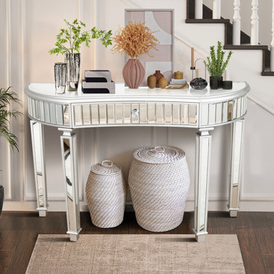 Console à miroir en demi-cercle de 47 po pour chambre à coucher ou vestiaire, avec tiroir en verre cannelé et cristal, gris et argent, style Mid-Century moderne, table en bois franc avec chambre d'entrée en argent
