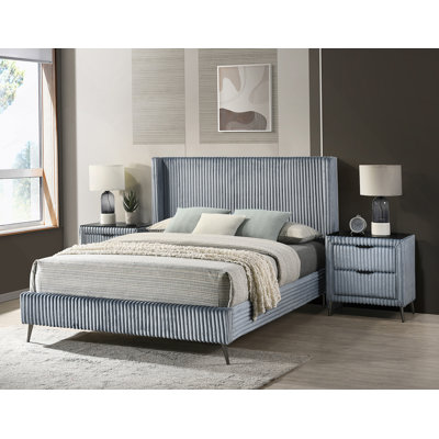 Mavela Wide Wale Corduroy Upholstery Panel Queen Bed With 2 Nightstands