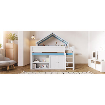 White And Blue Full Size Loft Bed With Canopy Roof, Stable Pine Wood Frame, Spacious - For Sibling Sleepovers Comfortable Sleep College Students