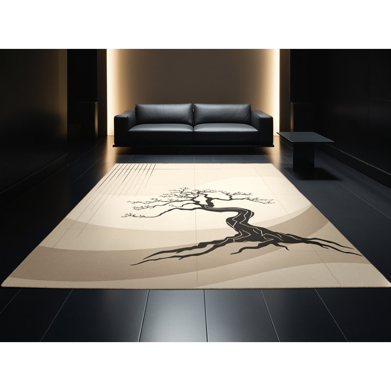 Tapis beige minimaliste lavable à la machine Paesyn Bonsai, Carré 4 pi