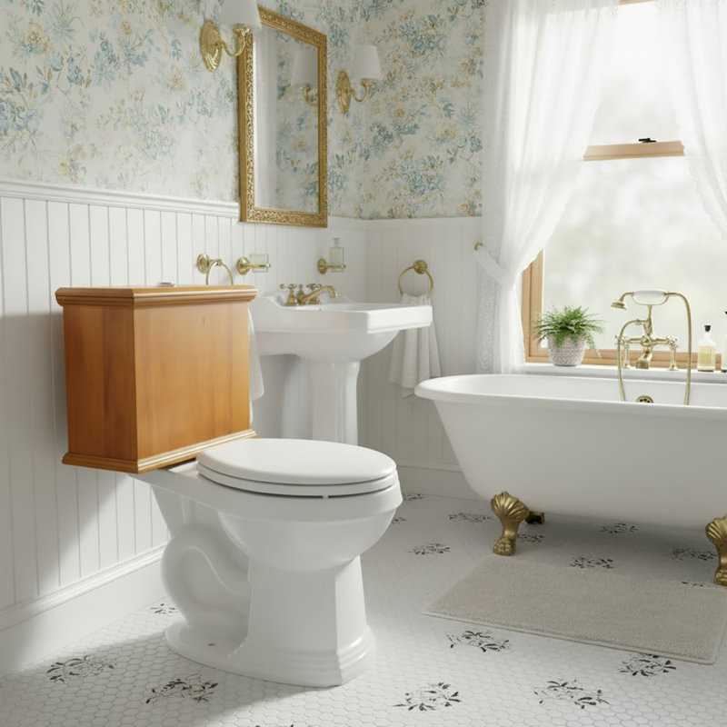 Low Tank Toilet with Light Oak Flat Panel Tank Round White Bowl, Light Oak/White