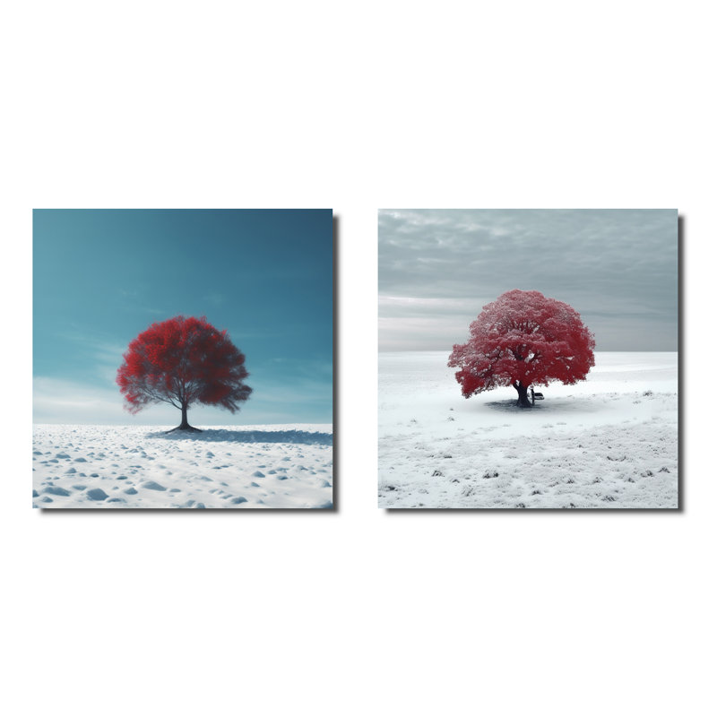Arbre rouge dans la neige - ensemble de 2 collages carrés, Toile tendue, H 16 po x l 33 po