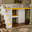 Lit mezzanine double avec escalier de rangement, coiffeuse intégrée avec miroir et tiroir, garde-robe et armoires, ports et lumières de charge USB, blanc et jaune