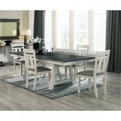 5-Piece Cottage Style Extendable Dining Table Set Chalk Gray Tow Tone Finish Upholstered Chair Dining Room Wooden Furniture Two Self-Storing Refectory Leaves Solid Wood