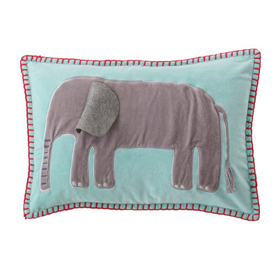  Blue Cotton Velvet Embroidered & Appliqued Elephant Pillow