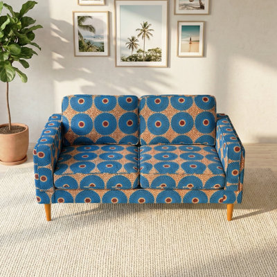 Mid-Century Modern Upholstered Sofa, Bold Blue & Orange Geometric Circle Print Fabric, Solid Wood Legs, Compact Living Room Accent Sofa(2-Seat)