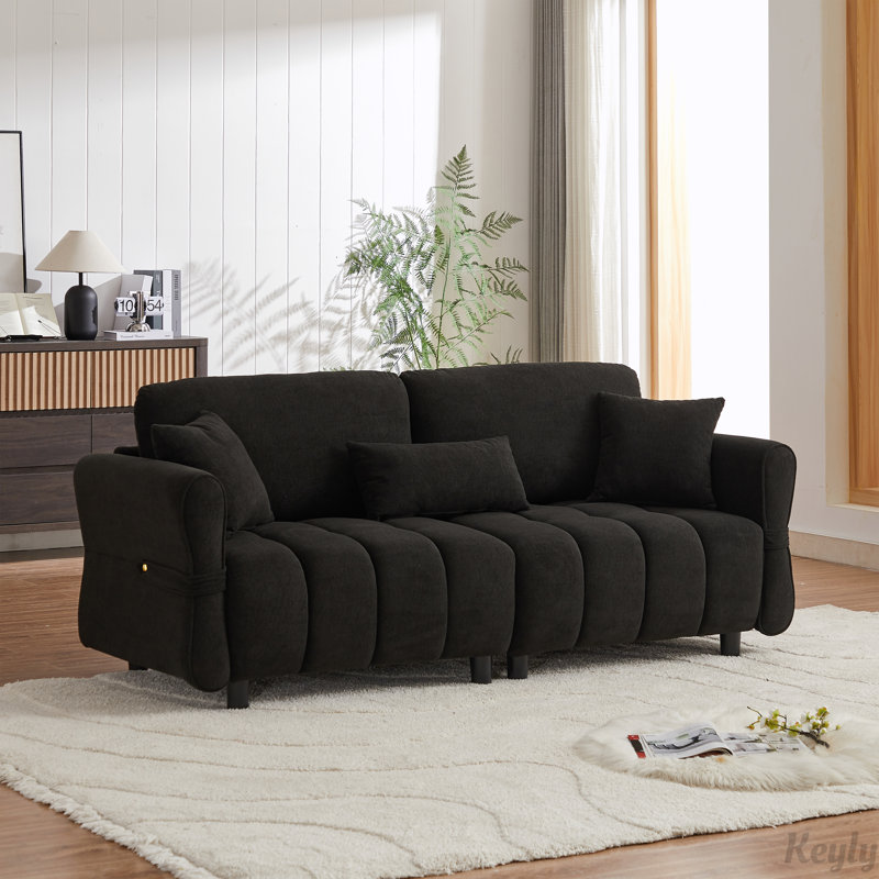 80''chenille fabric sofa with pillow, Black