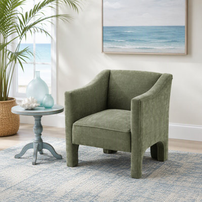 Modern Barrel Accent Chair with Enclosed Arms and Chenille Upholstery for Living Room or Bedroom Seating.