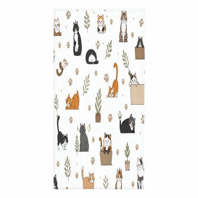 Serviette de plage pour chat 1Pcs, avec divers chats ludiques et plantes en pot dans un style d'illustration fantaisiste. Grande microfibre, parfaite pour les voyages, la natation, les voyages, le camping, unisexe.