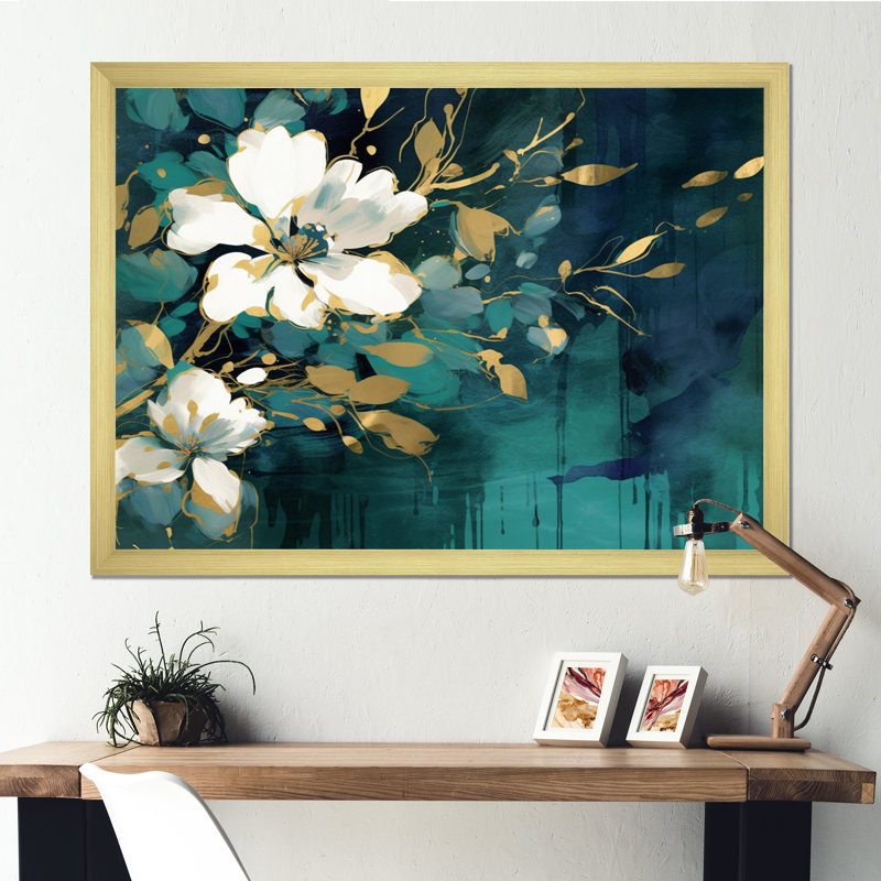 Plantes blanches bleu sarcelle dans le chaos III - art mural floral, Encadrement doré, H 34 po x l 44 po x P 1,5 po