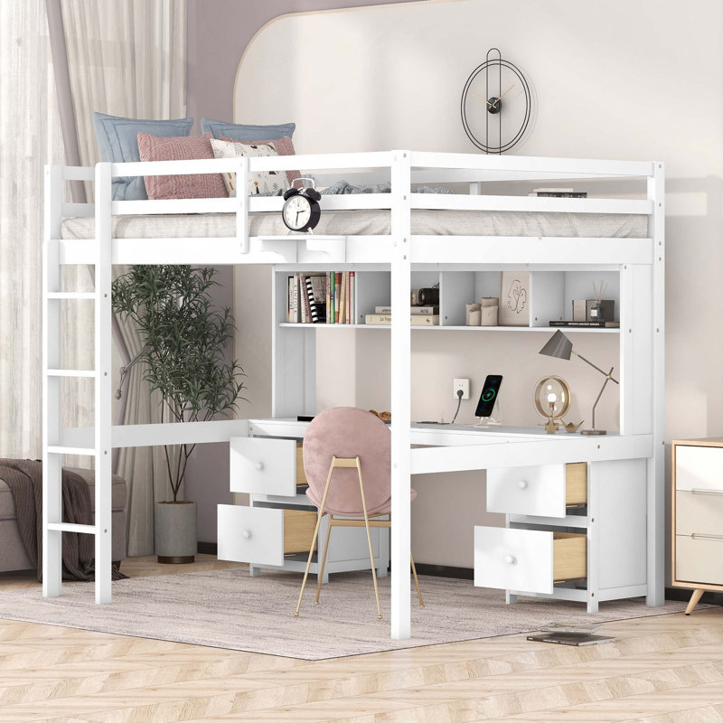 Lit mezzanine double avec bureau, armoires, tiroirs et plateau de chevet, station de charge, White