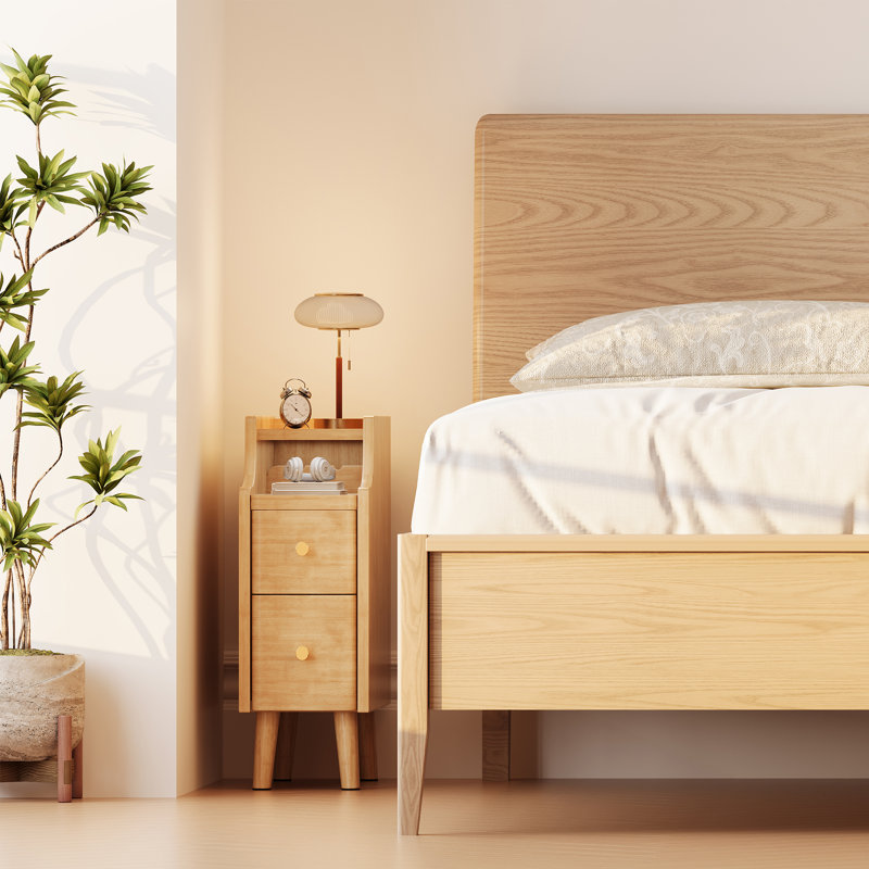 Table de chevet étroite avec tiroirs, table d'appoint en bois massif de 7,9 po pour petits espaces, petite table de chevet pour chambre à coucher avec plateau coulissant, naturel