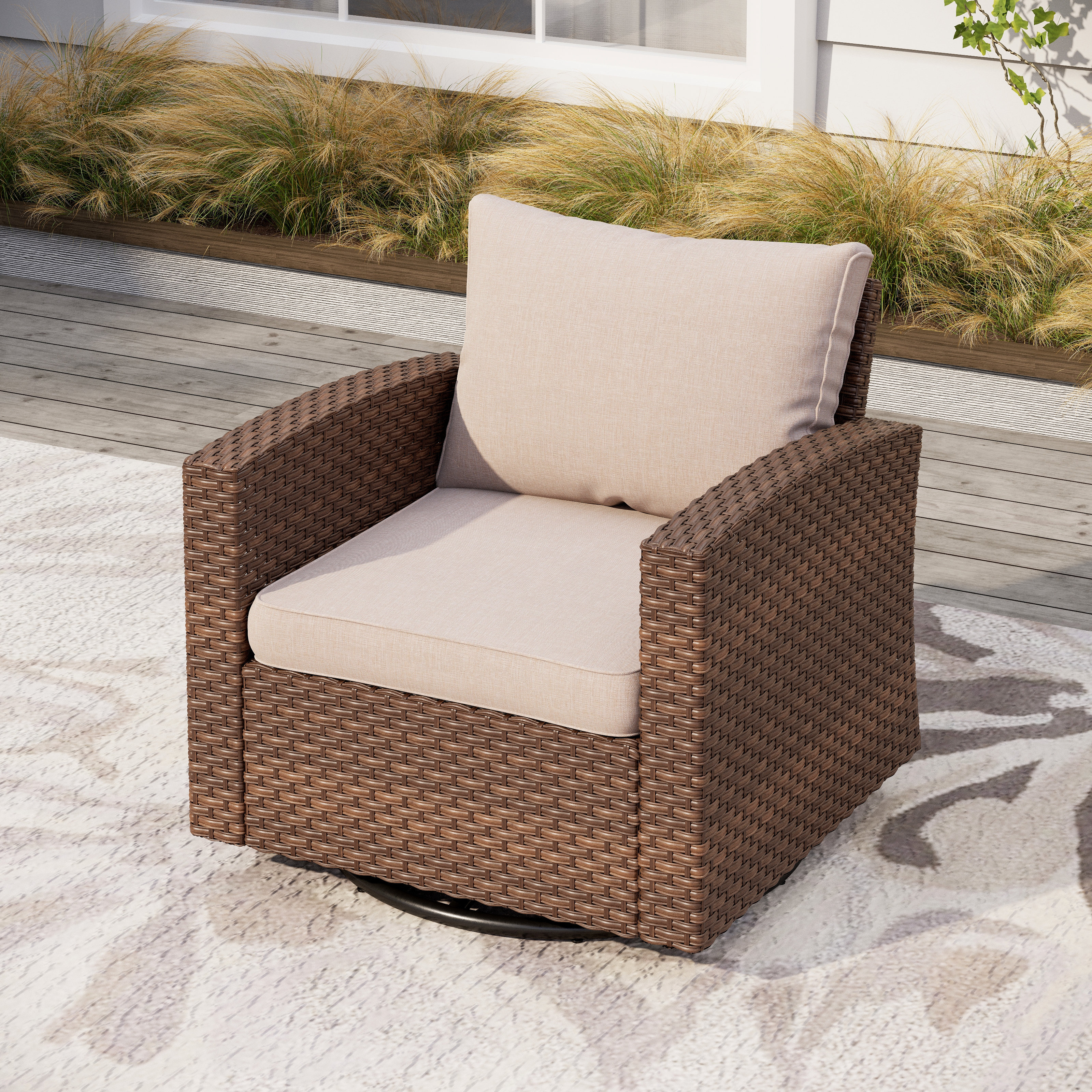 Winston Porter Outdoor Rattan Swivel Patio Chair with Cushions ...