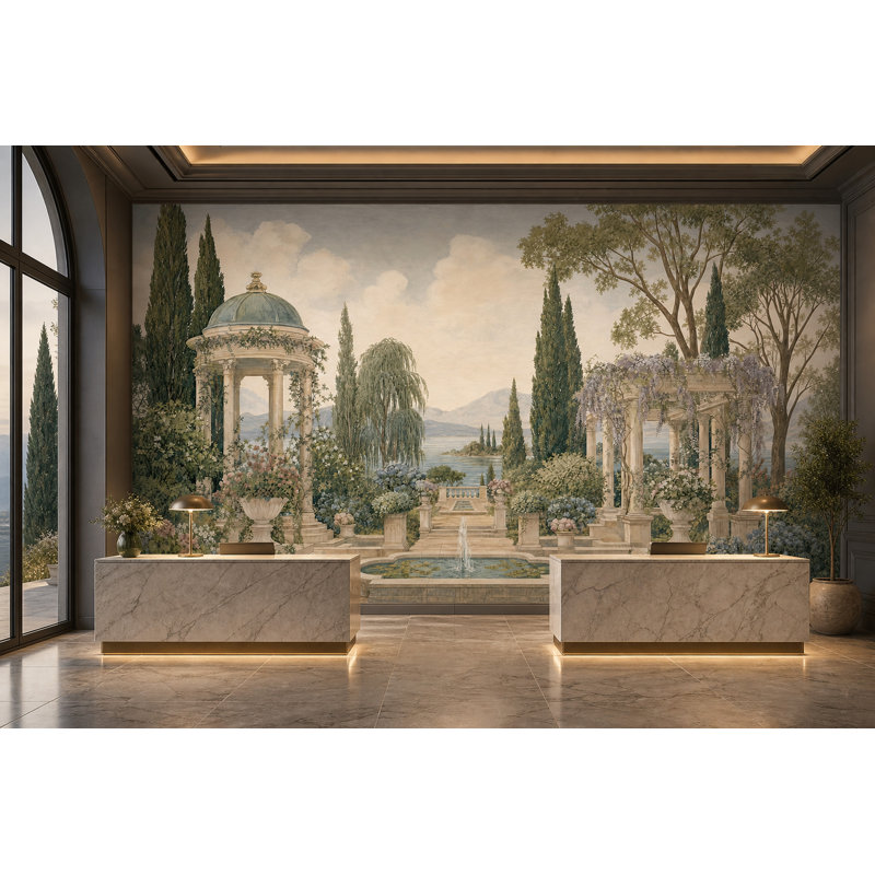 Papier peint classique amovible avec terrasse en pierre Lake and Mountains, 120 po x 96 po, Peel and Stick