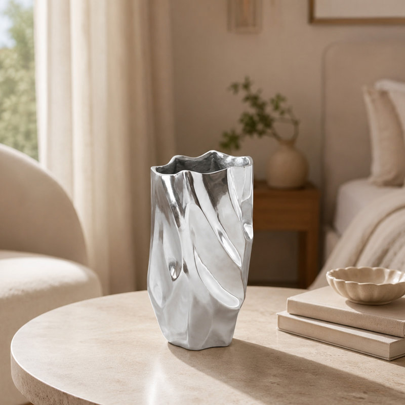 Abstract Aluminum Vase with Silver Polished Sculptural Design