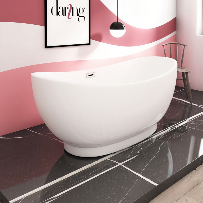 White Crescent-shaped Acrylic Bathtub 66.93'' W 27.56'' H Frameless Offset Curved Tub & Shower Kit