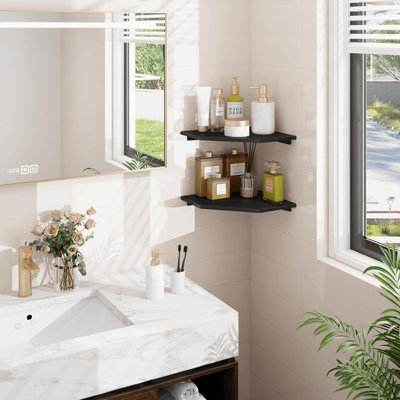 Ensemble de 2 tablettes flottantes en coin avec trou en fil de fer pour téléviseur, boîte de câble, organisateur de tablettes de rangement suspendues en bois pour la salle de bain, la cuisine, le salon, la chambre à coucher, noir