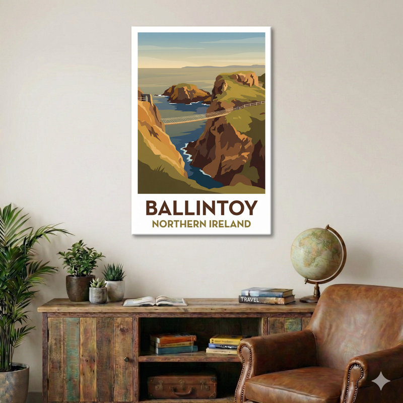 Ballintoy, Northern Ireland - Romantic Coastal Travel Poster Of Cliffs, Cove And Rope Bridge. Giclee Print On Wrapped Canvas. Wall Art, Home Decor - Cities & Towns, Northern Ireland - Wrapped Canvas Print