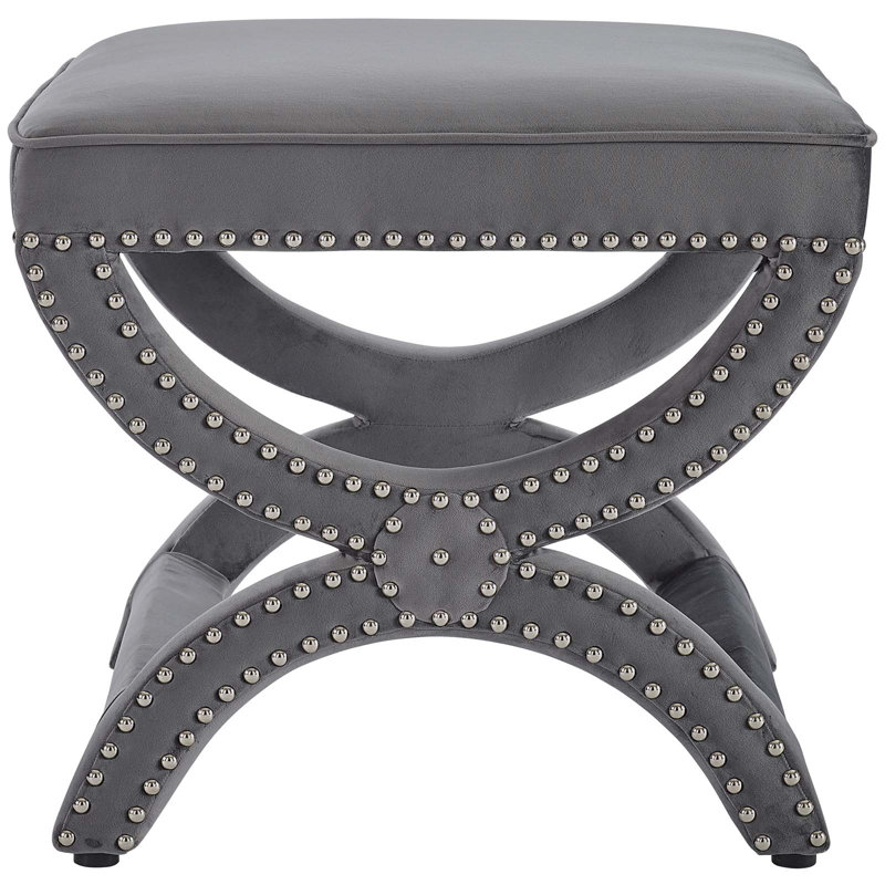 Gray Velvet Upholstered X-Base Ottoman with Nailhead Trim