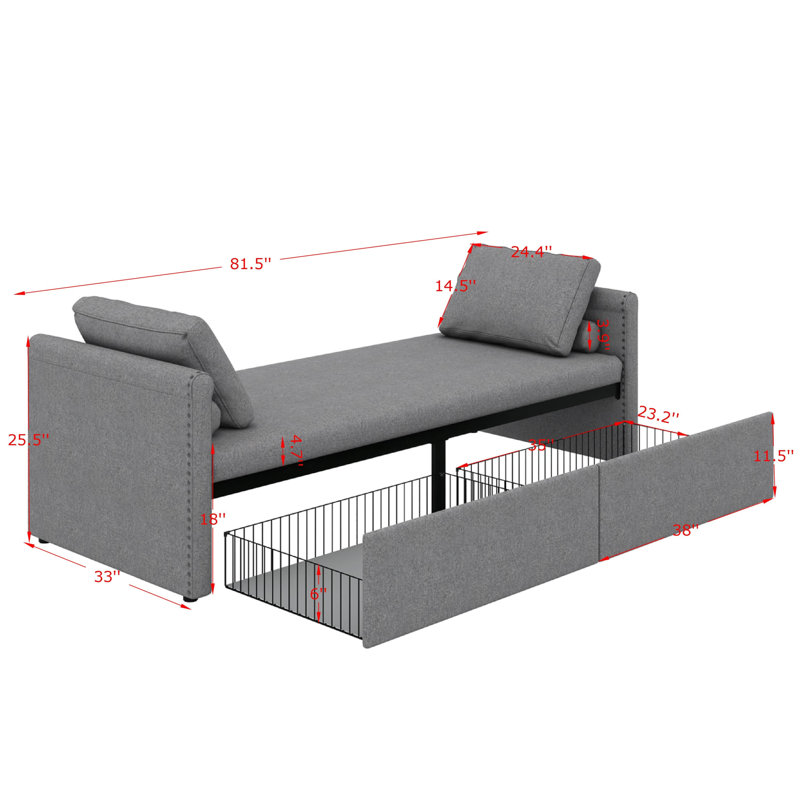 Modern Upholstered Chaise Lounger Daybed - A Small Single Size With 2 Built-In Drawers, Grey