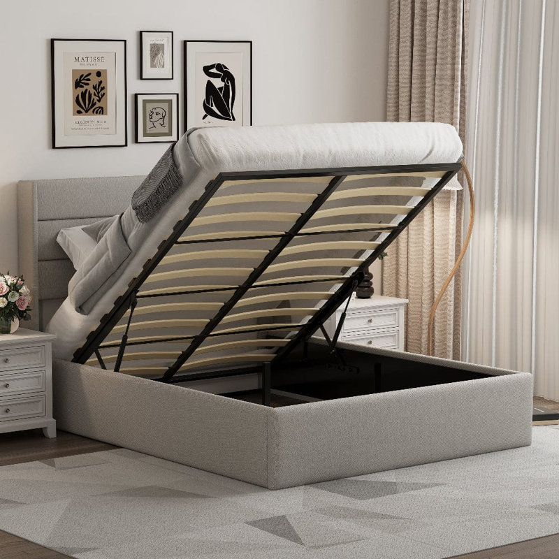 EASE Linen Pneumatic Lift Up Bed Frame Bed, Kingsize (5'), Grey