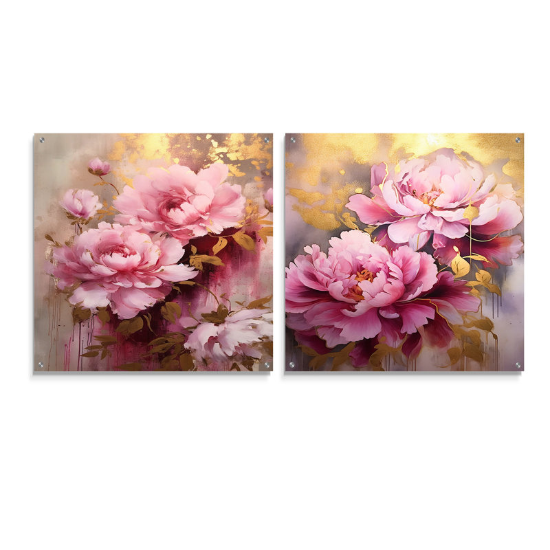 Pink And Gold Peonies In Radiance - Peonies Acrylic Wall Art Glass Set Of 2, 16" H x 33" W