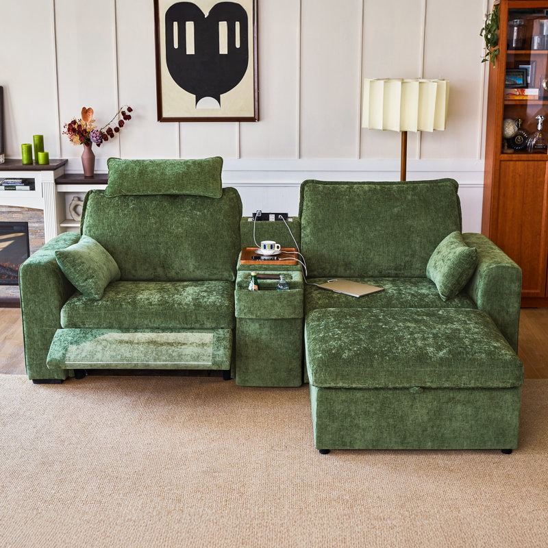 3-seater Chenille Loveseat Power Recliner Sofa With Headrest Oversized Cloud Modular Sectional Couch With Table, Drawer, Charging, And Storage Ottoman