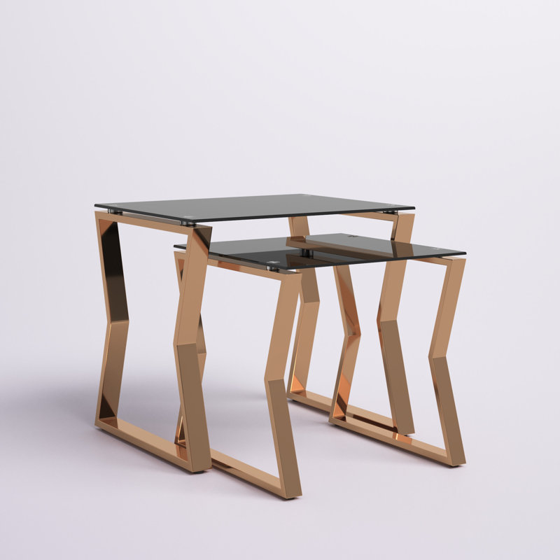 Xander Glass Top 2-Piece Nesting Tables, Black Top/Gold Base