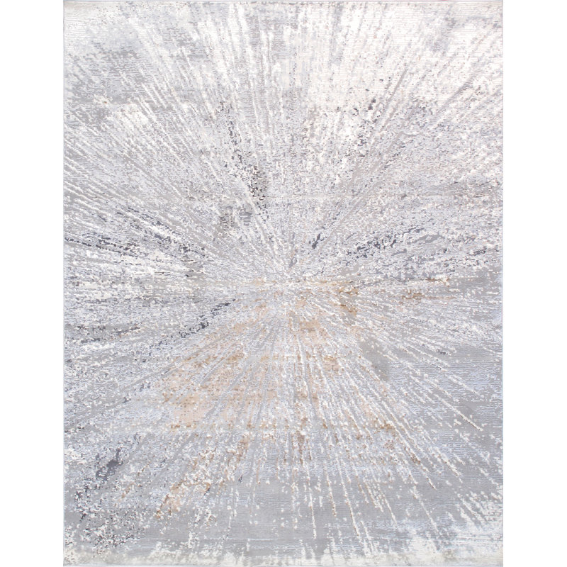 Gray and White Synthetic Rectangular 6' x 9' Starburst Rug