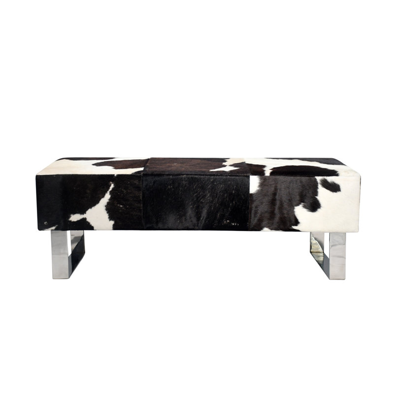 Modern Black and White Cowhide Leather Bench, Black/White, Chrome