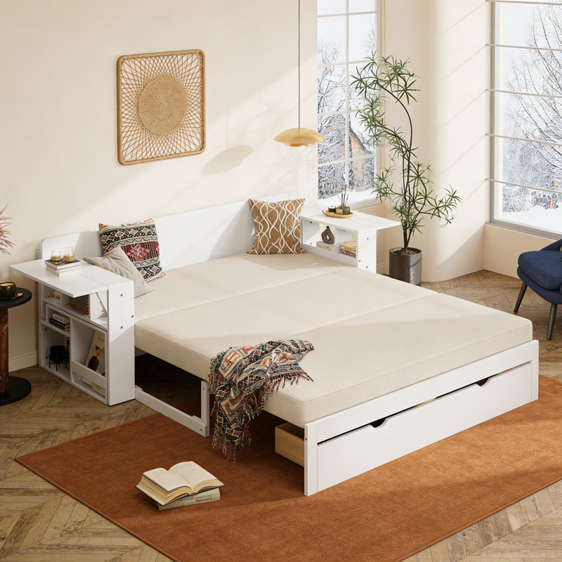 Multifunctional Daybed with Removable Desk, Storage Drawers & Hydraulic Side Table, Space-Saving Sofa Bed Frame, White, Queen