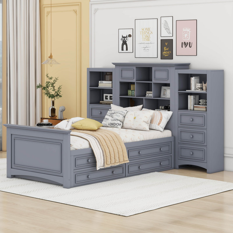 Lit plateforme simple en bois avec armoire verticale tout-en-un et 4 tiroirs de chaque côté, gris