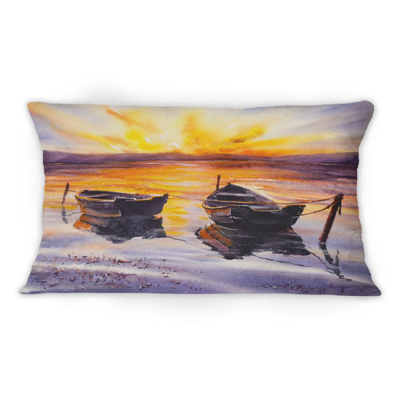 Coussin décoratif coucher de soleil et deux petits bateaux stationnant sur la rivière - imprimé nautique et côtier