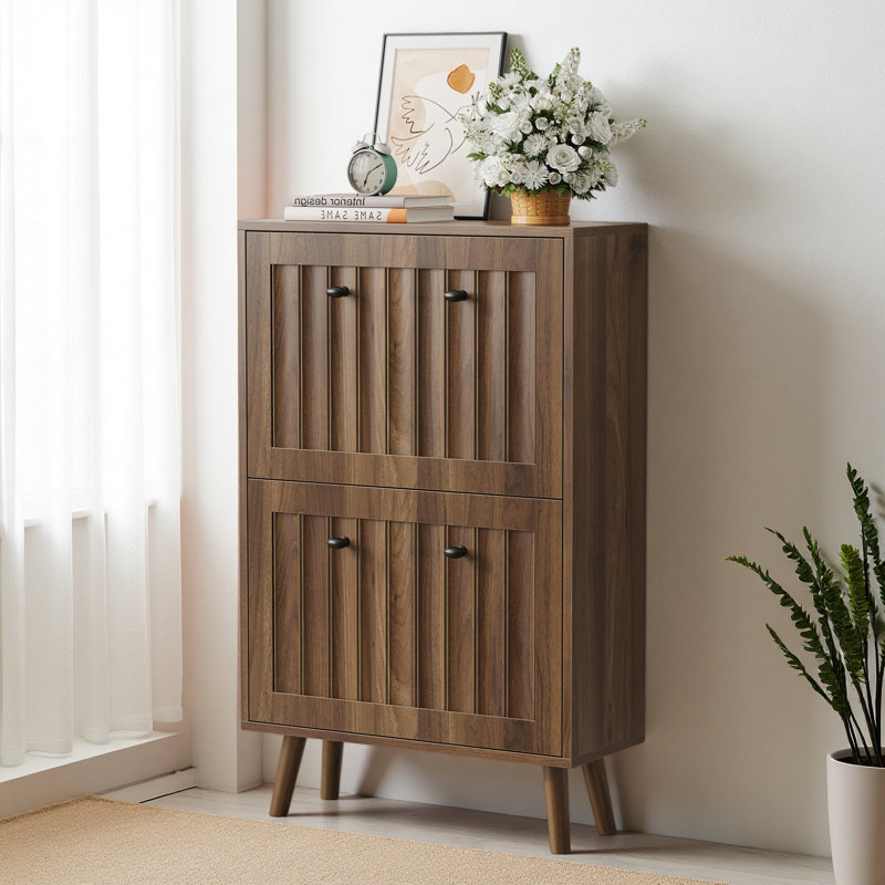 Medieval-Style Modern Shoe Cabinet, Upright Shoe Storage Unit With Vertical Grooved Finish, 23.6-Inch Shoe Cabinet, Suitable For Hallways, Passageways And Entrances.