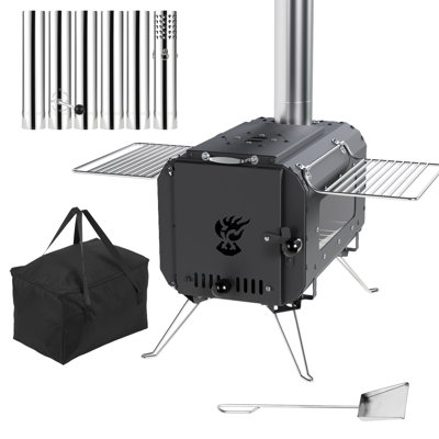 Poêle portatif en fonte pour tente de chauffage au bois, chauffage de camping extérieur avec fenêtre avec vue sur le feu et ensemble complet de tuyaux de cheminée, cuiseur multi-usage pour tente