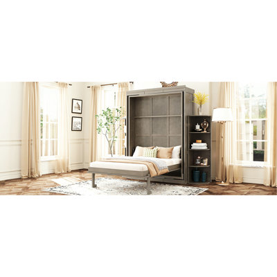 Lit mural rotatif peu encombrant avec armoire cachée, tablettes latérales et espace de travail convertible, pour un bureau à domicile multifonctionnel, conception épurée à 360 degrés, deux petits espaces,