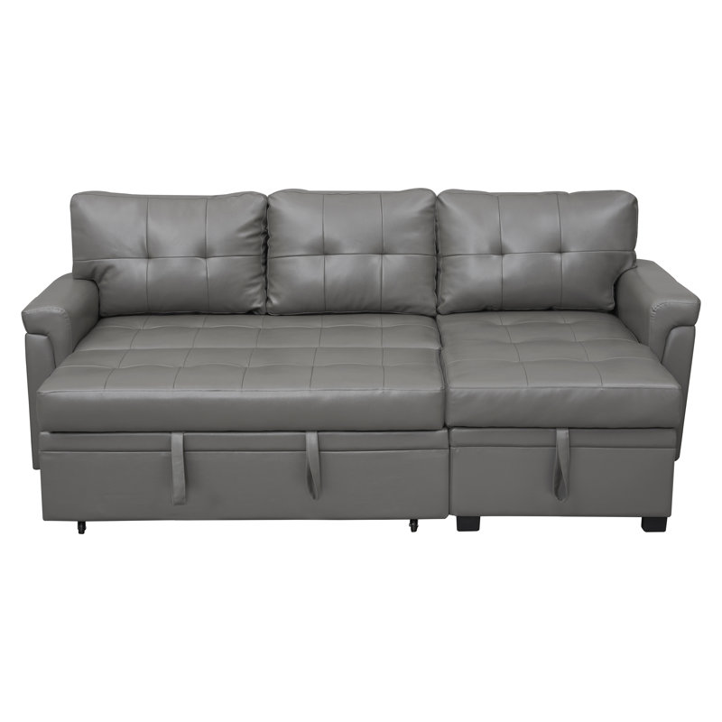 Drashti L-Shaped Pull-Out Sleeper Sofa – Sectional Couch with Hidden Storage, Gray Faux Leather