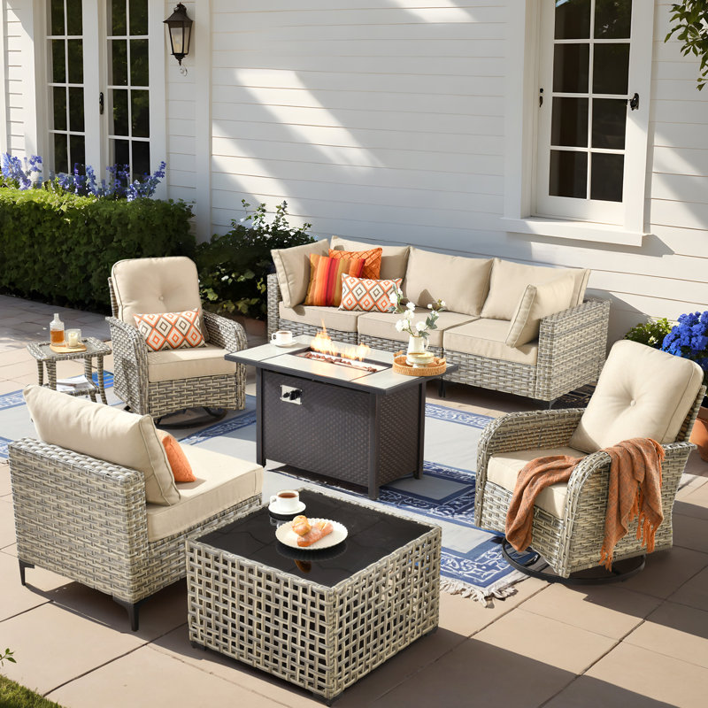 Canapé 6 places en rotin de haute qualité avec chaise berçante et poêle, peut être librement combiné, Beige