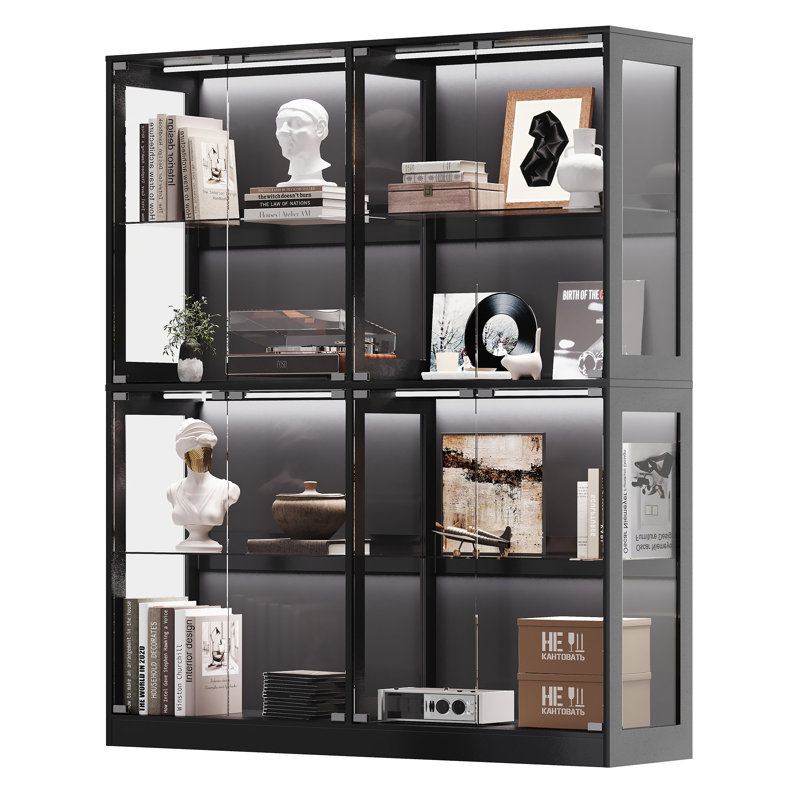 Vitrine RVB avec tablettes réglables en verre trempé, étui de rangement à 4 niveaux avec lumières DEL et portes à pression, tablette moderne pour objets de collection, noir 