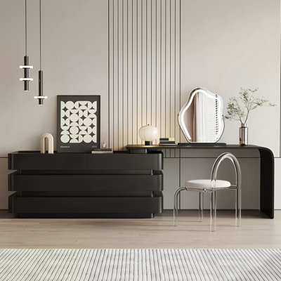Modern Retractable Makeup Vanity Desk with Ambient LED Lighting, 6-Drawer Large Storage Dressing Table