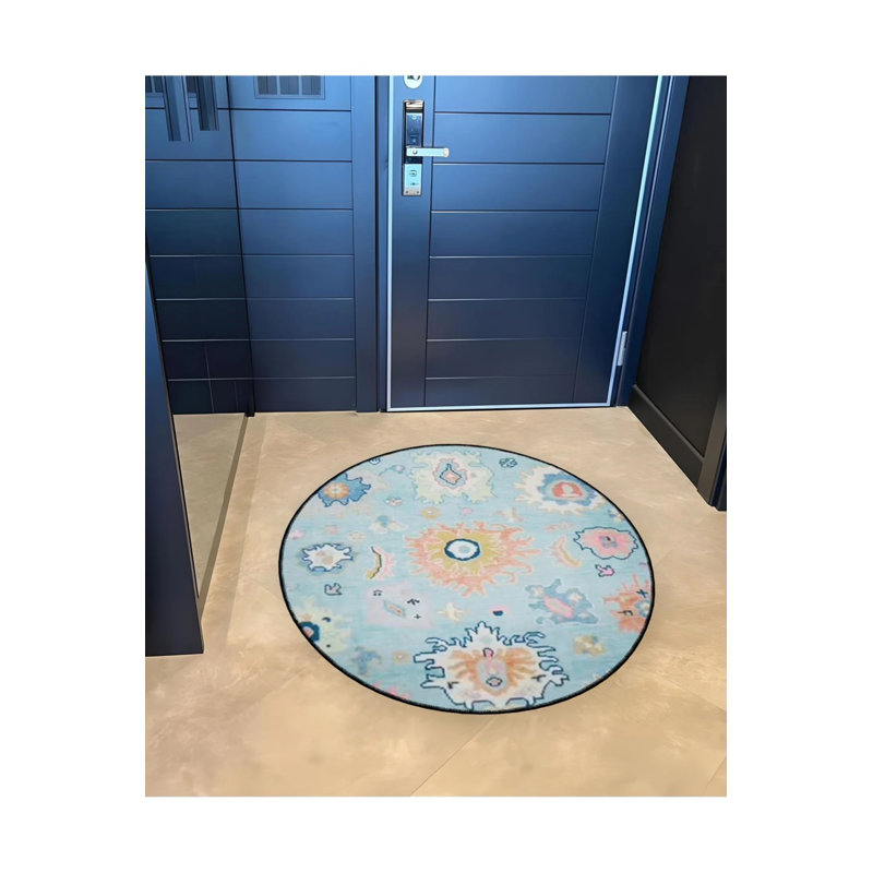 Blue Theme Ethnic Motif Patterned Round Woven Base Vintage Decorative Carpet, Round 5'