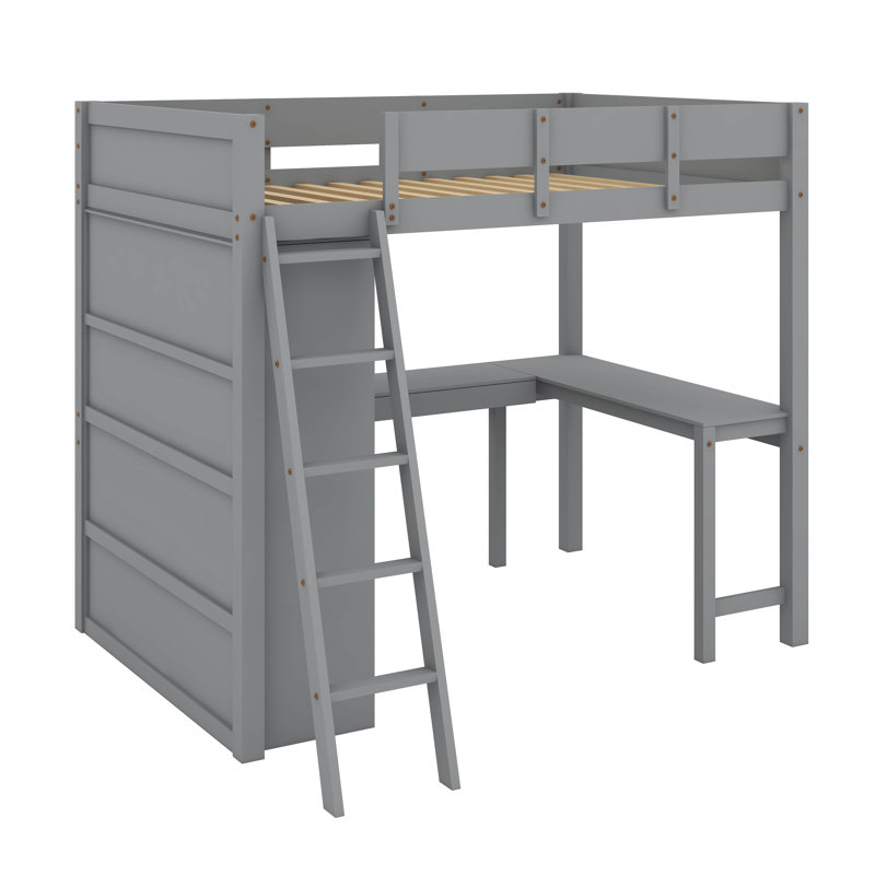 Lit mezzanine double avec bureau et tablette, gris